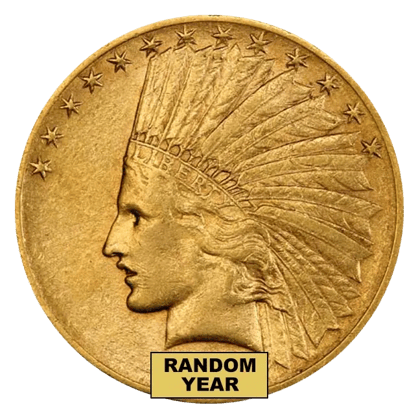 Obverse of a random-year $10 Indian Gold Eagle featuring Liberty in a feathered headdress.