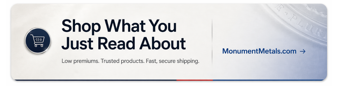 Monument Metals promotional banner with text reading Shop What You Just Read About with low premiums trusted products and fast secure shipping