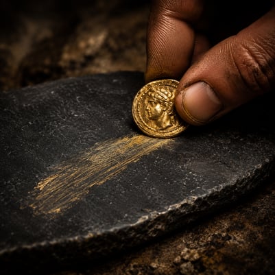 A close-up macro photograph of a hand rubbing a gold coin across a dark black basalt touchstone, leaving a bright metallic gold streak across the stone's surface. Warm, dramatic lighting emphasizes the textures of the weathered stone, the gold, and the fingertips, evoking an ancient gold purity testing scene inspired by early metallurgy.