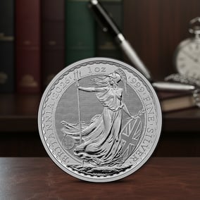 2026 1 oz Silver Britannia coin showing Britannia with shield and trident, displayed upright on a wooden desk with books and office background.