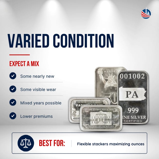 Explainer graphic depicting varied condition bullion products which are best for stackers maximizing ounces