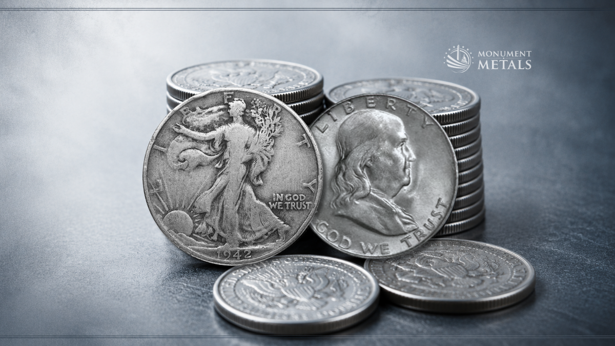 Walking Liberty and Franklin half dollar 90% silver junk silver coins stacked on gray surface