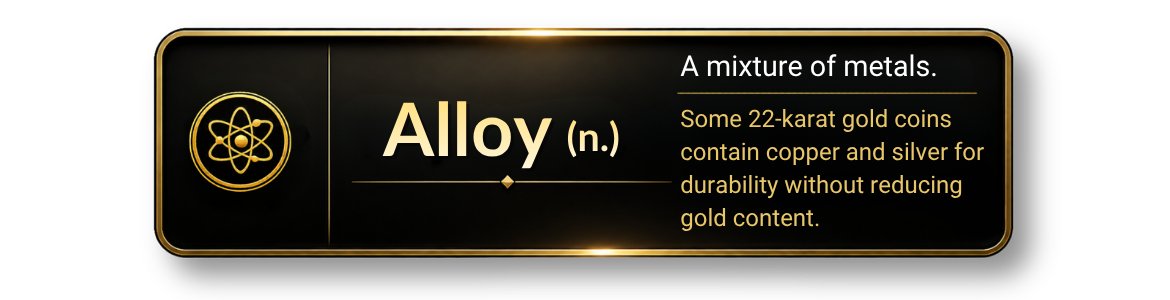 Definition graphic for the word alloy, described as a mixture of metals, with a note that some 22-karat gold coins contain copper and silver for durability without reducing gold content