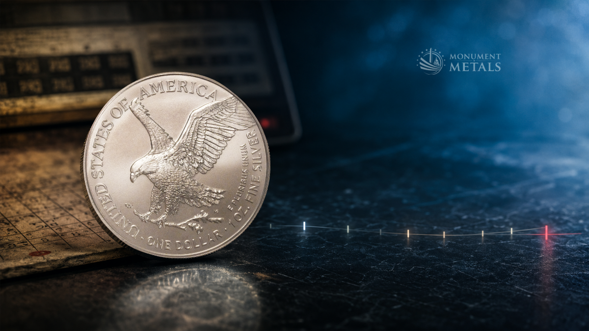 American Silver Eagle in navy background displaying one dollar face value