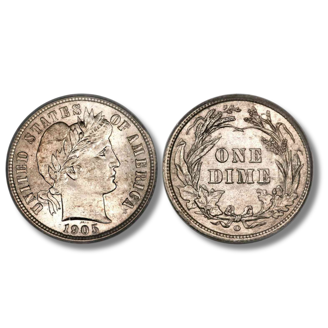 1905 Barber dime obverse and reverse showing Liberty portrait design 90% silver junk silver coin