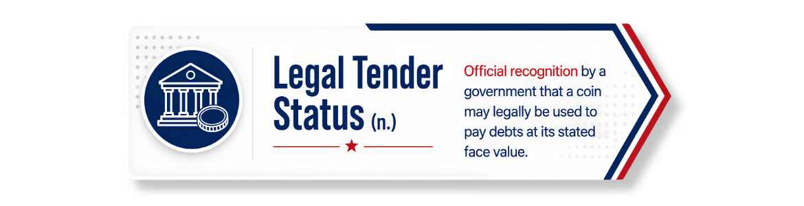 Legal tender status definition explaining that official recognition by a government that a coin may be legally used to pay debts at its stated face value 
