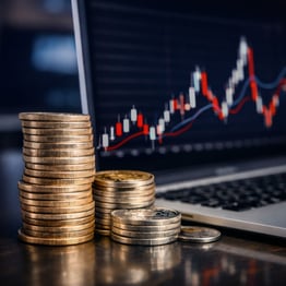 Stacks of coins in front of a laptop displaying a financial chart with rising and falling price movements, representing precious metals market trends.