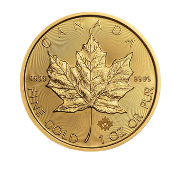 Canadian Gold Maple Leaf one ounce .9999 fine gold bullion coin reverse featuring maple leaf design