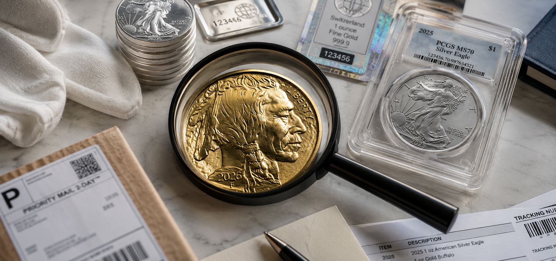 Gold Buffalo coin under magnifying glass with PCGS-graded Silver Eagle, silver rounds, gold bar, and shipping labels on marble surface