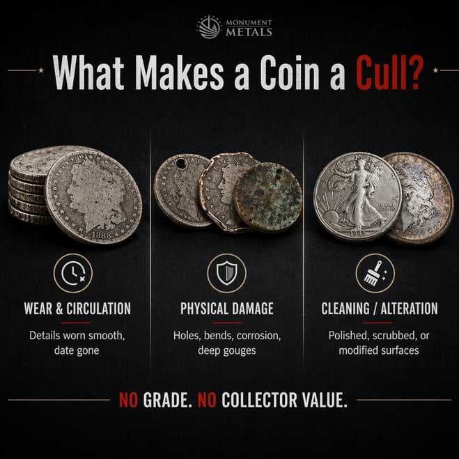 Infographic showing the three conditions that make a coin a cull: wear and circulation with details worn smooth, physical damage including holes and corrosion, and cleaning or alteration with polished or modified surfaces