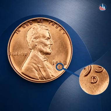 Obverse of a 1968-D Lincoln cent with the Denver “D” mint mark circled and enlarged.
