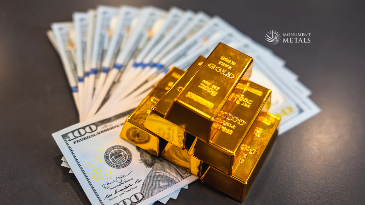 Gold bars and dollar bills representing dollar cost averaging when gold and silver prices drop