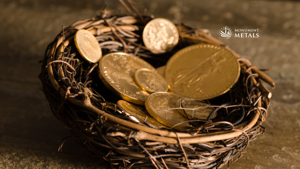 American Gold Eagle coins in multiple sizes (1 oz, 1/2, 1/4, 1/10) in a basket