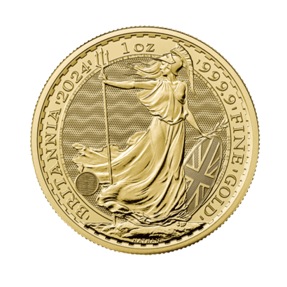 2024 British Gold Britannia one ounce .9999 fine gold bullion coin featuring Philip Nathan's Britannia design
