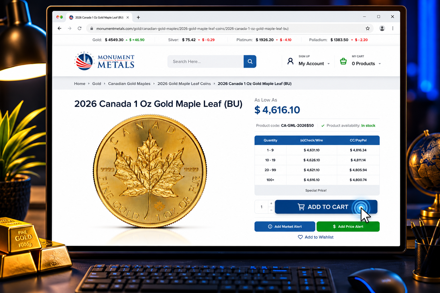 Customer browsing the Monument Metals website to buy a 2026 Canada 1 oz Gold Maple Leaf gold coin, viewing pricing options and clicking add to cart.