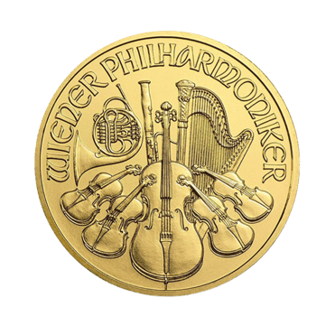 Austrian Gold Philharmonic one ounce gold bullion coin reverse featuring Vienna Philharmonic Orchestra instruments