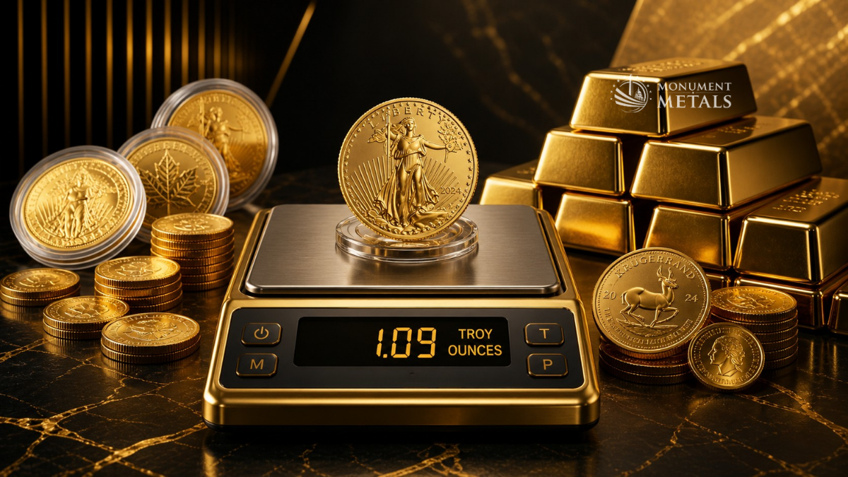Gold coins and bars displayed on a digital scale reading 1.09 troy ounces, featuring an American Gold Eagle, Canadian Gold Maple Leaf, South African Krugerrand, and stacked gold bars against a dark background