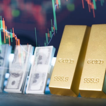Gold and silver market decline animation with downward trend lines, showing precious metals price drop and short-term market volatility