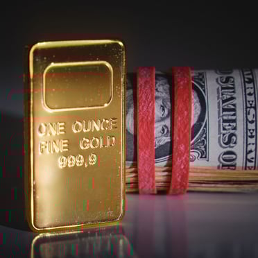 One ounce fine gold bar placed beside a rolled bundle of U.S. dollar bills, symbolizing the relationship between gold and currency value.