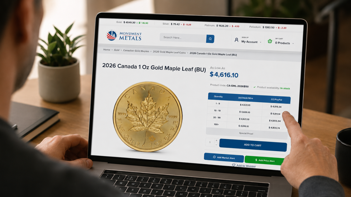 Customer browsing the Monument Metals website on a laptop to purchase a 2026 Canada 1 oz Gold Maple Leaf gold coin, viewing pricing tiers and add-to-cart options.