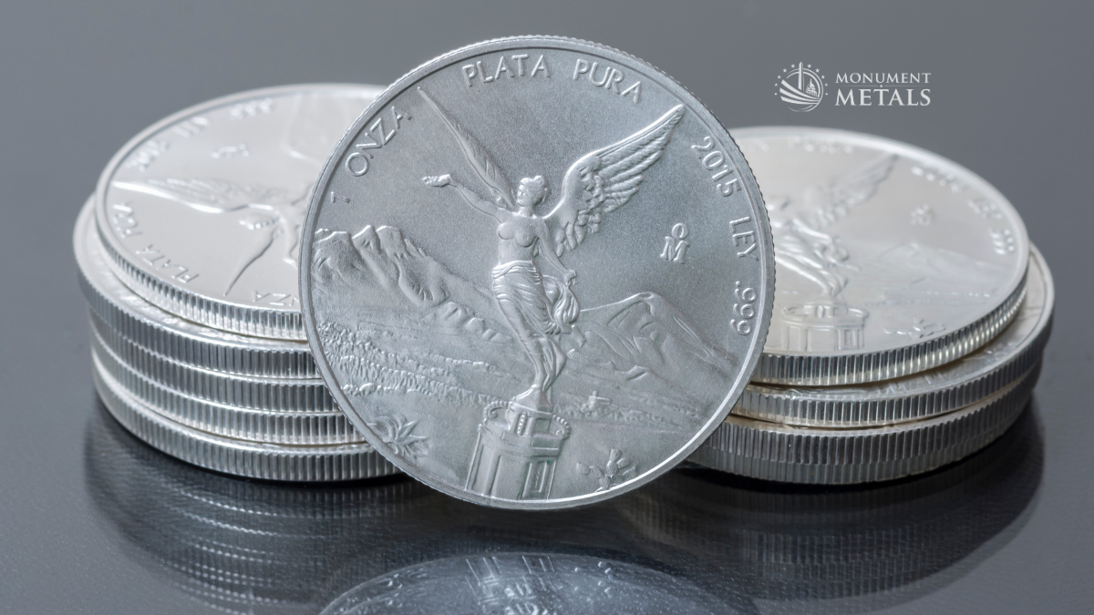 Mexican Silver Libertad disolay with stacks of Libertads
