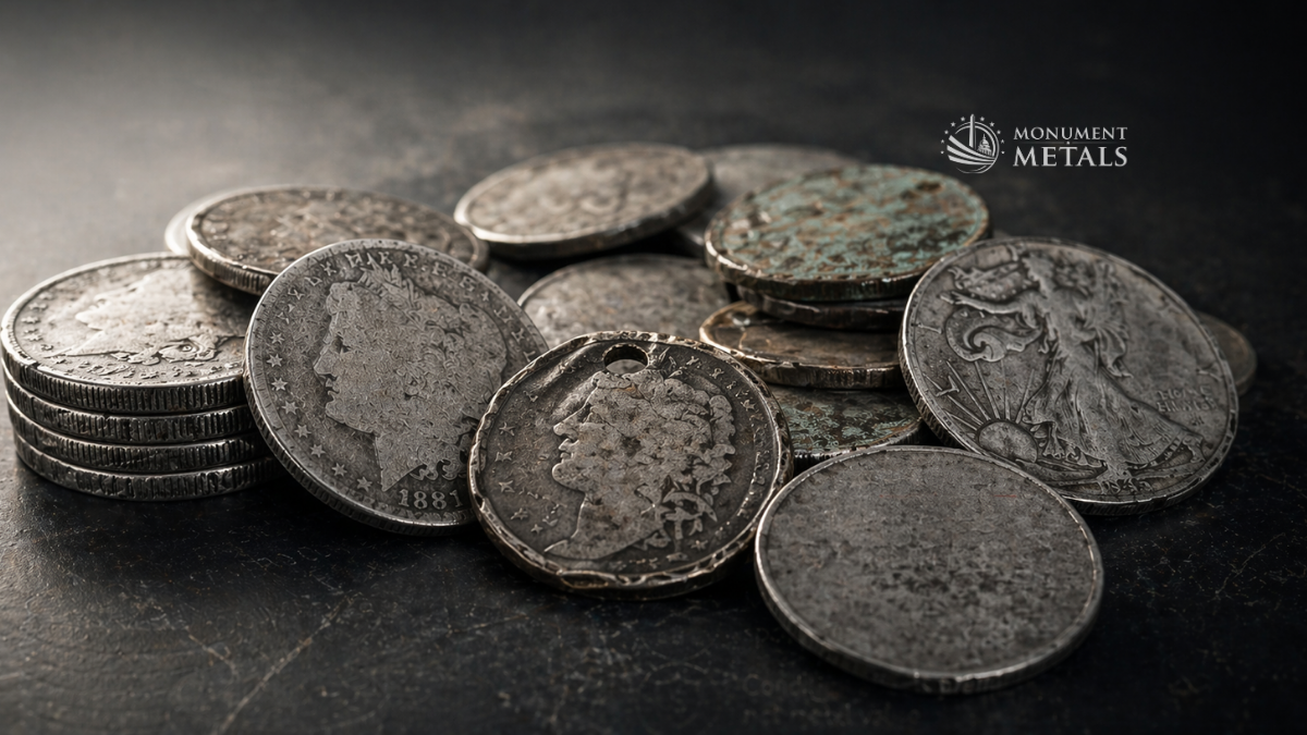  Collection of cull 90% silver coins including worn Morgan dollars and a Walking Liberty half dollar with visible damage, corrosion, and a drilled hole