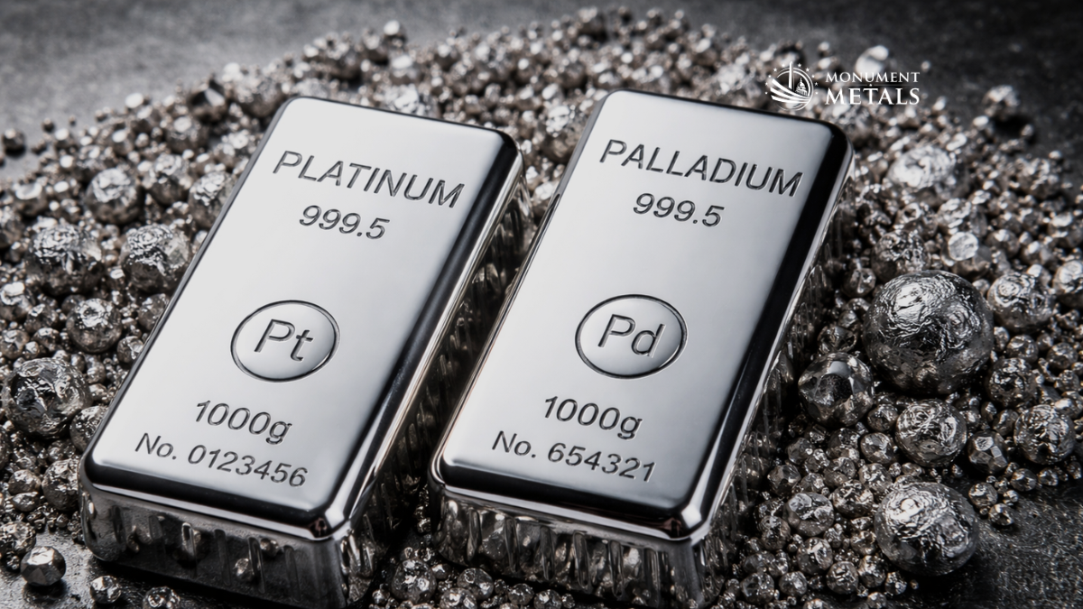 Platinum and palladium bars with polished finishes resting on a textured metallic surface with scattered granules.