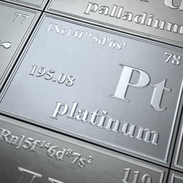 Macro view of platinum periodic table-style bars featuring “Pt,” atomic number 78, and atomic weight 195.08 in a grid layout.
