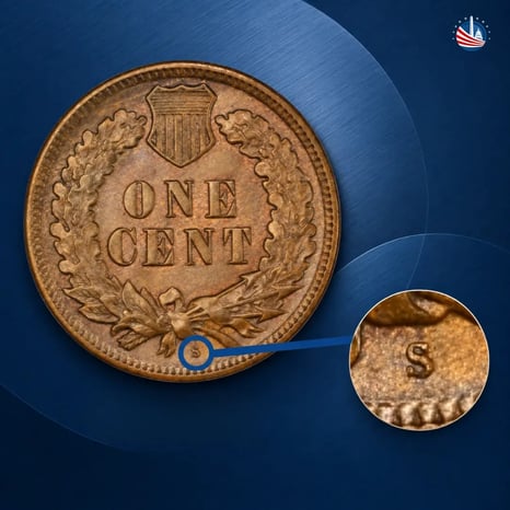 Reverse of an Indian Head cent with the San Francisco “S” mint mark circled and enlarged.