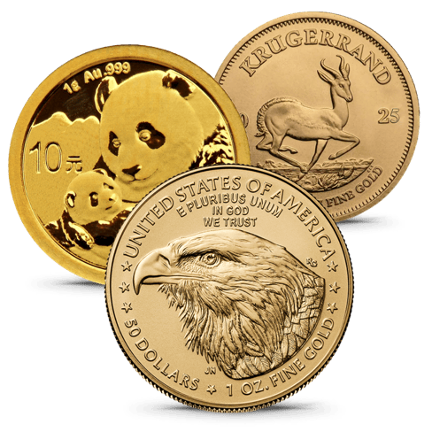 American gold eagle, south african gold kruggerand, and chinese gold panda