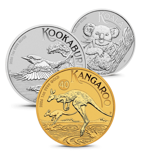 Gold kangaroo, silver koala, silver kookaburra