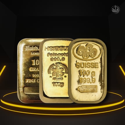 Secondary market gold bars from various refiners including PAMP Suisse and Heraeus displayed on a dark background with reflective lighting