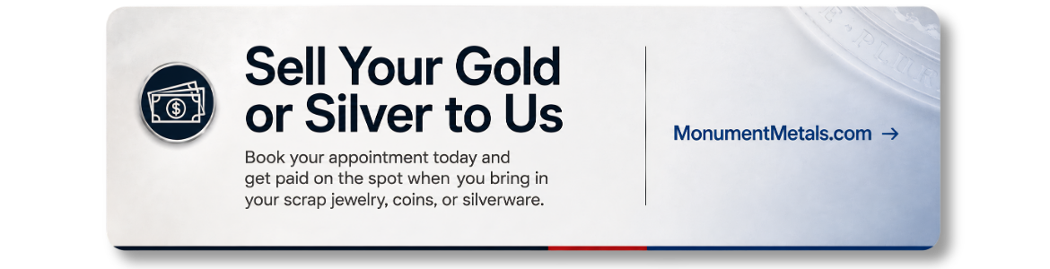 Monument Metals sell your gold or silver banner promoting same-day payment for scrap jewelry, coins, and silverware at MonumentMetals.com