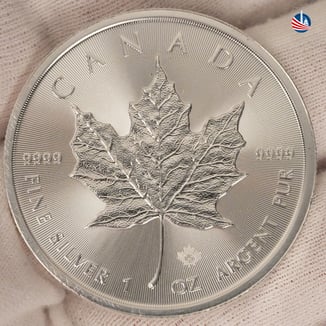 Canadian Silver Maple featuring maple leaf design with Monument Metals logo in top right hand corner