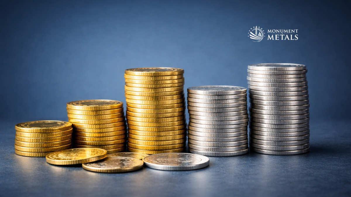 Stacks of gold and silver coins arranged side by side with Monument Metals branding, illustrating gold vs silver investment and market comparison.
