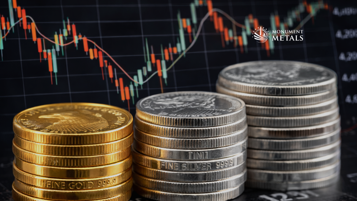 Stacks of gold and silver bullion coins arranged in front of a candlestick market chart, illustrating weekly price movement and trends in precious metals, with Monument Metals logo.