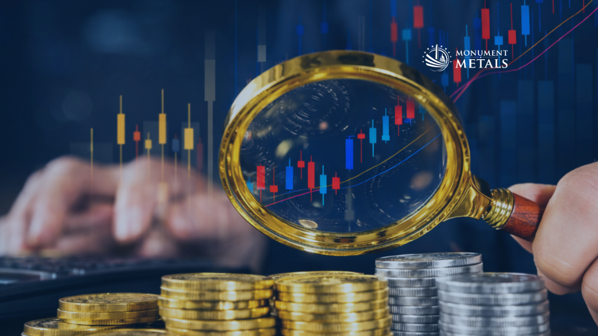 Magnifying glass over stacks of gold and silver coins with candlestick market charts in the background, illustrating analysis of precious metals price trends, with the Monument Metals logo in the upper right.