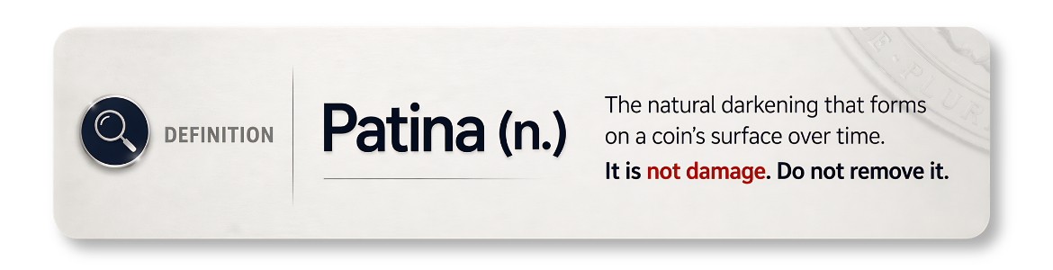 Horizontal definition graphic for the word patina describing it as the natural darkening that forms on a coin's surface over time and noting it is not damage and should not be removed