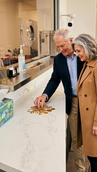 Couple reviewing gold coins on the counter while selling gold at Monument Metals in Frederick, MD