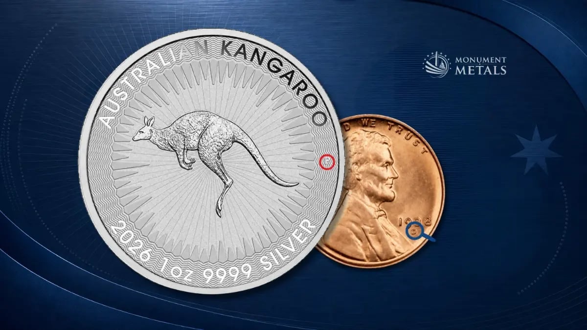 Australian Silver Kangaroo and 1968-D Lincoln cent with their Perth and Denver mint marks highlighted.