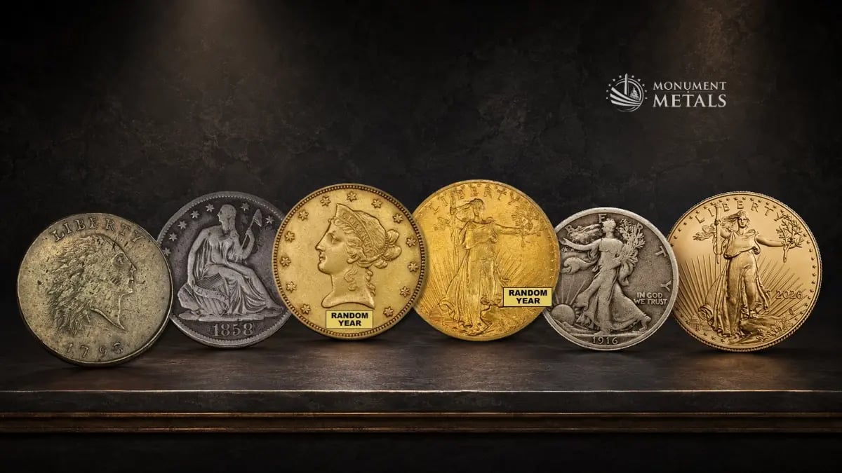 Six Lady Liberty coins displayed chronologically: a 1793 Flowing Hair Chain Cent, 1858 Seated Liberty Half Dollar, $10 Liberty Gold Eagle, Saint-Gaudens Double Eagle, 1916 Walking Liberty Half Dollar, and 2026 American Gold Eagle.