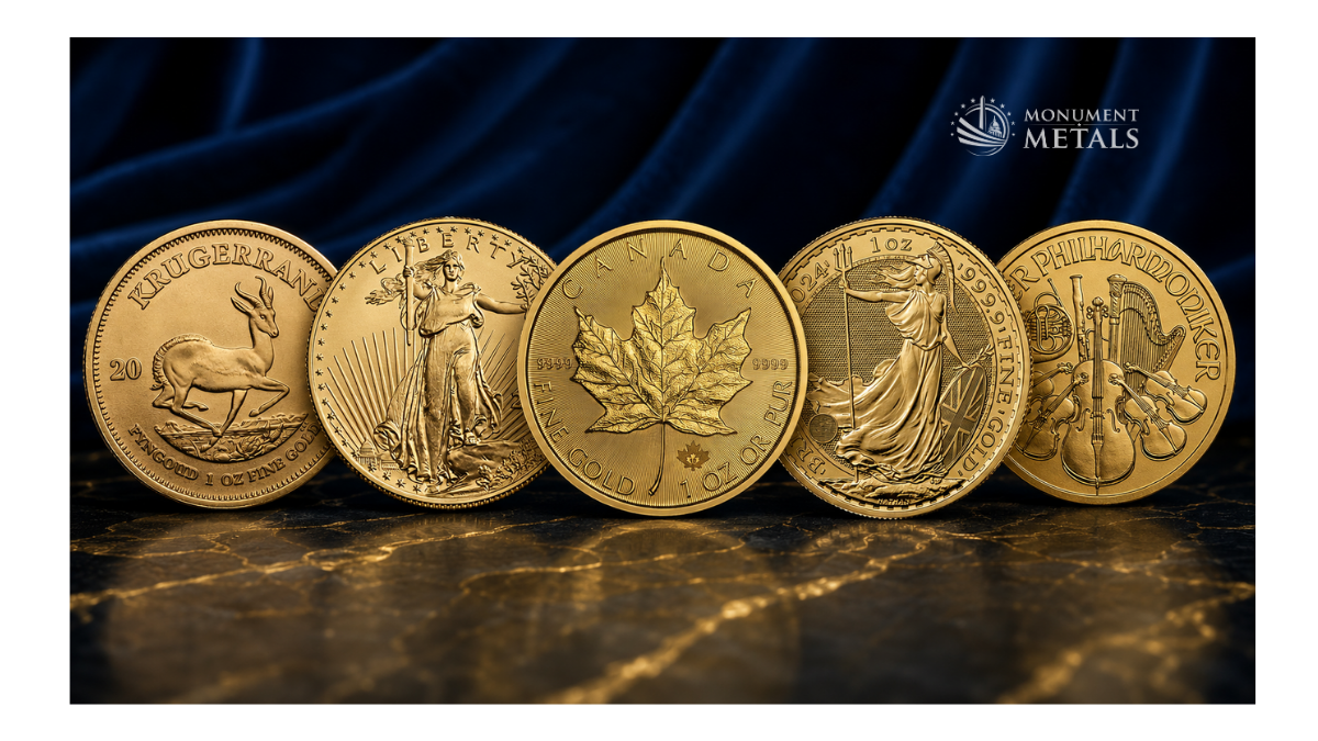 Five of the world's most recognized gold bullion coins including the Krugerrand, American Gold Eagle, Canadian Maple Leaf, British Britannia, and Austrian Philharmonic displayed by Monument Metals
