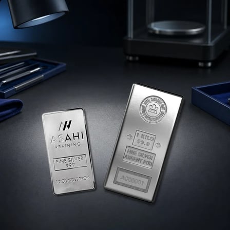 Asahi Refining 10 oz silver bar beside a Royal Canadian Mint one-kilo silver bar on a dealer testing surface.