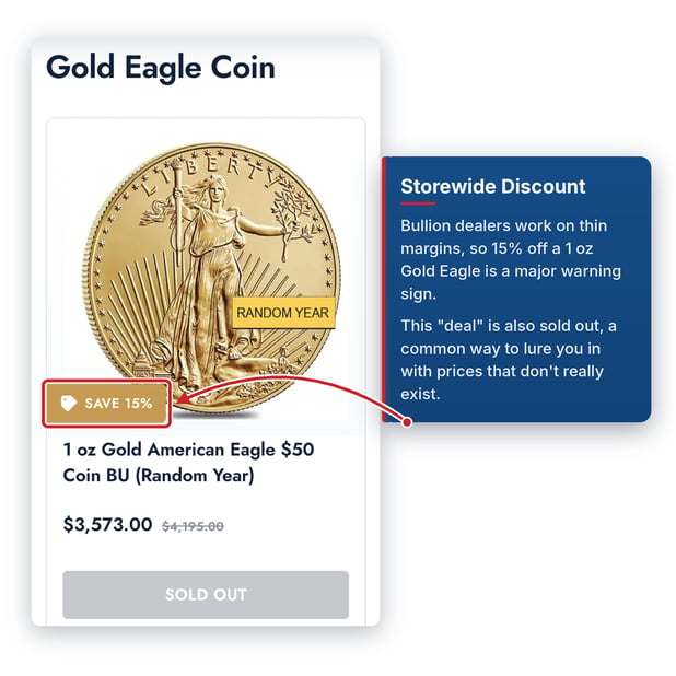 Fake precious metals website banner advertising 15% off every bullion order