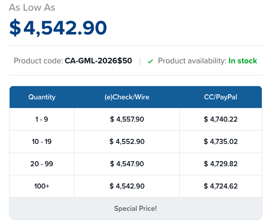 2026 Canada 1 oz Gold Maple Leaf gold coin pricing table showing bulk discounts, wire transfer pricing, credit card pricing, and in-stock availability on Monument Metals.