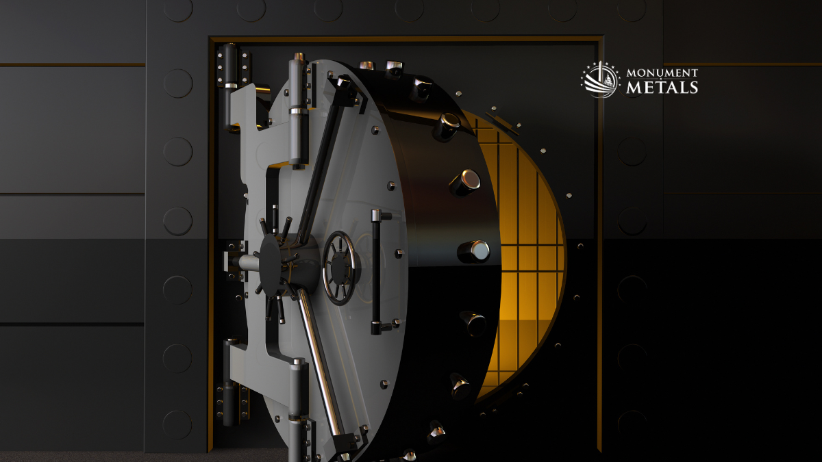 Open steel bank vault door revealing a gold-lit interior, symbolizing secure storage and protection for precious metals, with Monument Metals logo on a dark background.