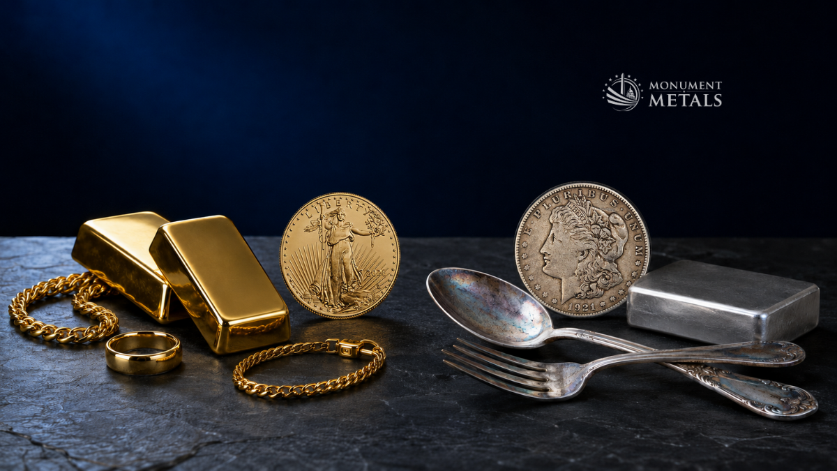 Gold bullion and jewelry beside a 2026 gold coin, a toned 1921 Morgan Silver Dollar, silver bullion, and tarnished silver flatware.